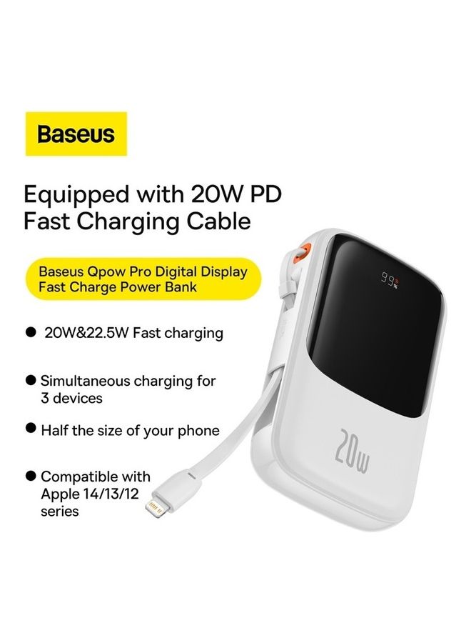 Baseus 10000 mAh 10000mAh Portable Charger 20W Fast Charging Power Bank PD3.0 QC4.0 High Speed Built In Lightning Cable With Digital Display For iPhone 14, 13,  12,  11 And Many More - White - Image 2