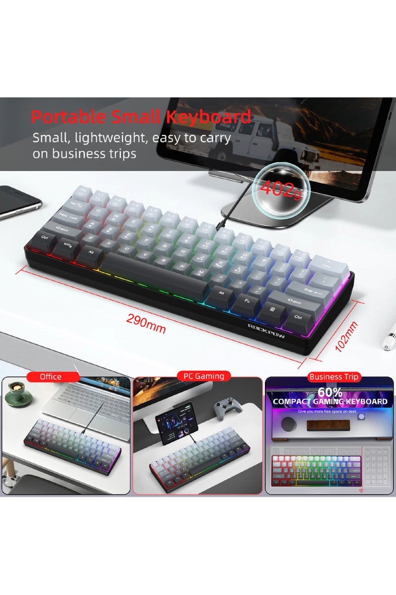 Rock Pow 60% Wired Gaming Keyboard, 61 Keys RGB Backlit Ultra-Compact Small Gaming Keyboard, for PC/Mac Gamer, Typist, Travel, Easy to Carry on Business Trip (Grey-Black)  - Image 5