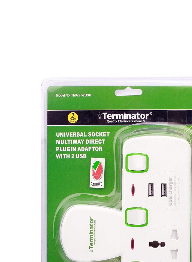 Terminator مقبس كهربائي عالمي من Terminator ثنائي الاتجاه مع 2 منفذ USB ومفتاح فردي 2.1 أمبير/ساعة ومؤشر مع صمام مدمج باللون الأبيض - Tma 2T-2Usb