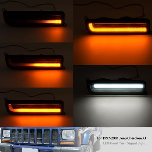 Mingrui test 2PCS Sequential Led Front Turn Signal Lights for 1997-2001 J'eep Cherokee XJ Amber Led Bumper Signal Lights White Parking Light Front Corner Side Marker Lamps OEM Replacement 55055142 Smoked Lens - Image 2