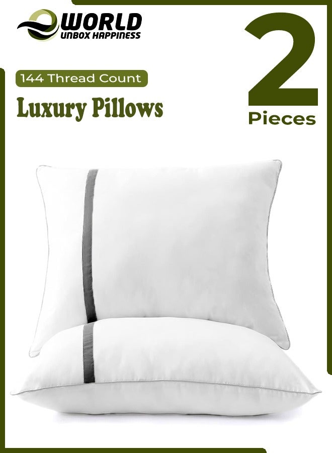 Eworld Set of 2 White Cotton Pillows with Plush Polyester Filling and 144 Thread Count, Featuring High Quality Grey Striped Pillowcases for Enhanced Comfort, Perfect for Home, Hotel and Dormitory Use - Image 1