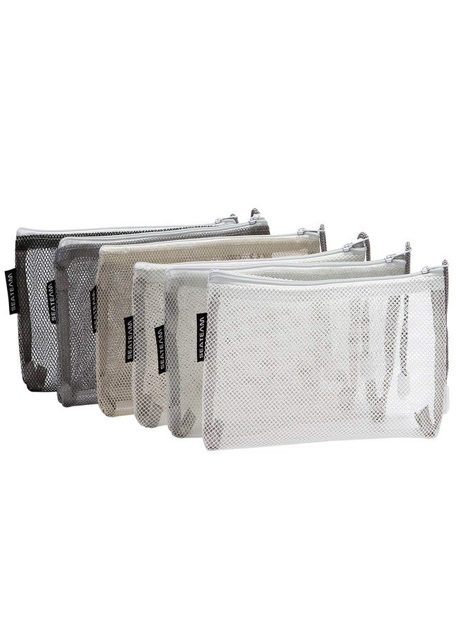 Sea Team 6pcs Multicolored Portable Travel Toiletry Pouch Nylon Mesh Cosmetic Makeup Organizer Bag with Zipper, Monochrome - Image 1
