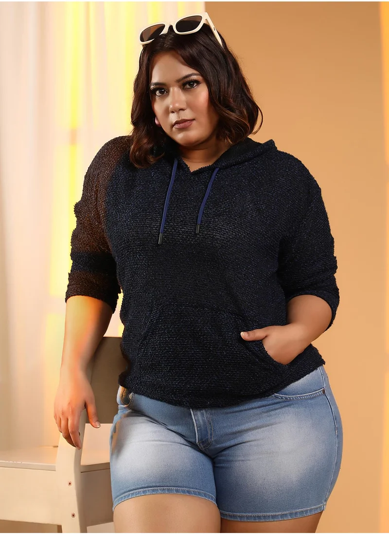 انستافاب بلس Women's Prussian Blue Textured-Knit Pullover Hoodie