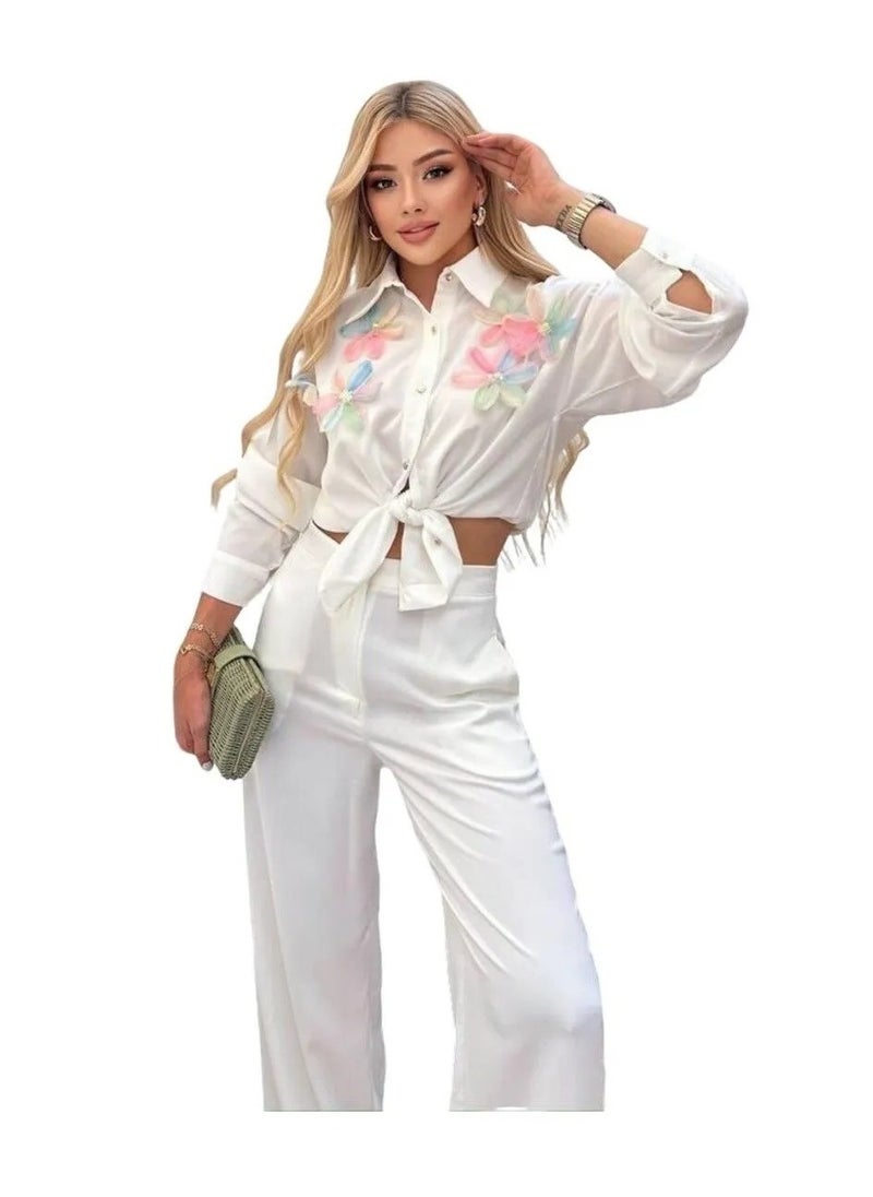 SoBe Made in Turkiye Crepe fabric three dimensional flower detail sports Satin shirt  - Image 1