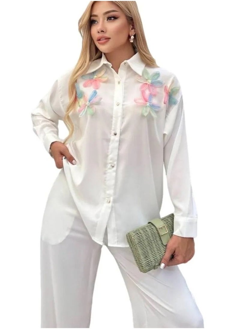 SoBe Made in Turkiye Crepe fabric three dimensional flower detail sports Satin shirt  - Image 3