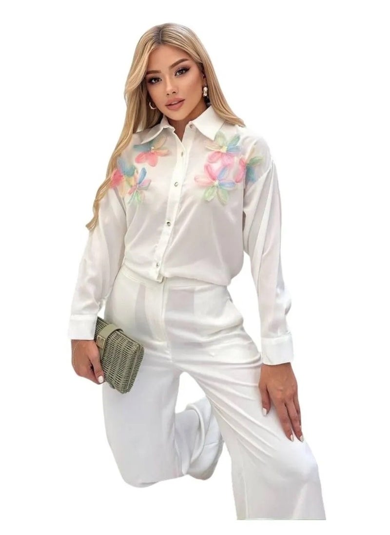 SoBe Made in Turkiye Crepe fabric three dimensional flower detail sports Satin shirt  - Image 2