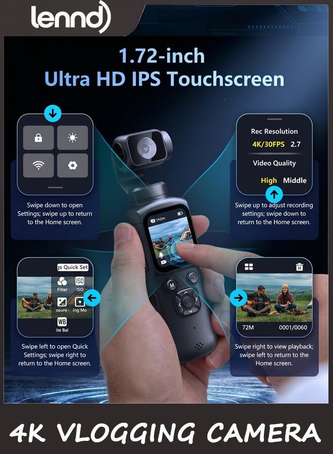 لينند كاميرا تصوير فيديو بدقة 4K مع عدسة دوارة 330 درجة وخاصية تتبع الوجه، كاميرا رقمية محمولة بحجم الجيب مناسبة لليوتيوب وتيك توك مع واي فاي، تتضمن بطاقة ذاكرة 16 جيجابايت، وحامل ثلاثي القوائم، وحقيبة حمل، لون أسود - Image 5