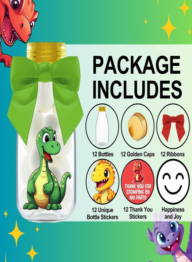 Ethisa Small 12 Pack Dinosaur Party Favors - DIY Candy Jars with Ribbons and Stickers - Party Decoration Bottles for Birthday, Baby Shower and School Classroom - Dinosaur Table Centerpiece for Kids - Image 2