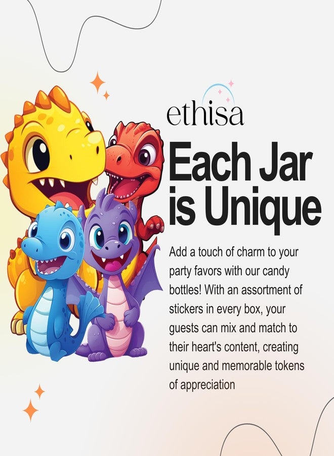Ethisa Small 12 Pack Dinosaur Party Favors - DIY Candy Jars with Ribbons and Stickers - Party Decoration Bottles for Birthday, Baby Shower and School Classroom - Dinosaur Table Centerpiece for Kids - Image 3
