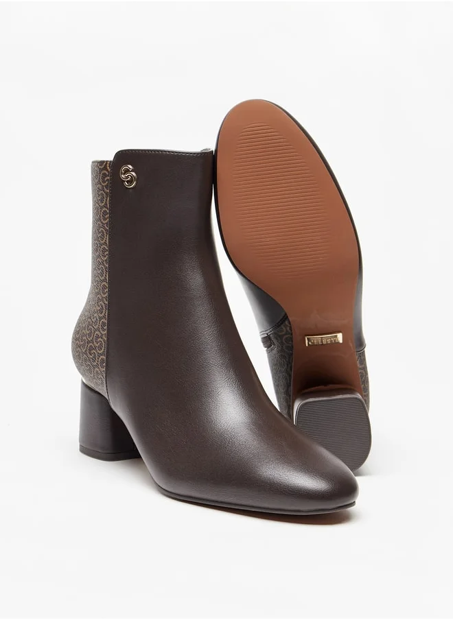 Celeste Women's Monogram Ankle Boots with Block Heels and Zip Closure