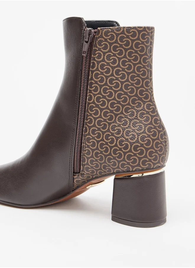 Celeste Women's Monogram Ankle Boots with Block Heels and Zip Closure