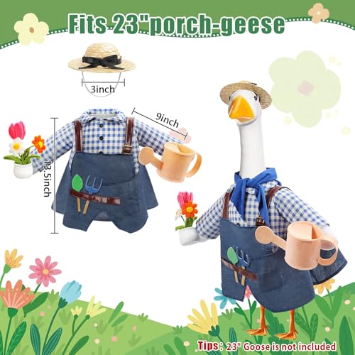 GJL Gardener Porch Goose Outfit Fits 23 Inch Cement Plastic Goose Statue, 2-Piece Porch Goose Clothes with Hat, Tools, Scarf, Watering Can & Flower Pot Design for Spring Summer Outdoor Garden Decor - Image 3