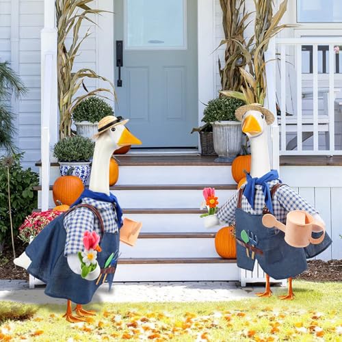 GJL Gardener Porch Goose Outfit Fits 23 Inch Cement Plastic Goose Statue, 2-Piece Porch Goose Clothes with Hat, Tools, Scarf, Watering Can & Flower Pot Design for Spring Summer Outdoor Garden Decor - Image 4