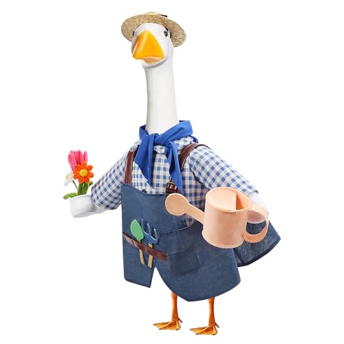 GJL Gardener Porch Goose Outfit Fits 23 Inch Cement Plastic Goose Statue, 2-Piece Porch Goose Clothes with Hat, Tools, Scarf, Watering Can & Flower Pot Design for Spring Summer Outdoor Garden Decor - Image 1