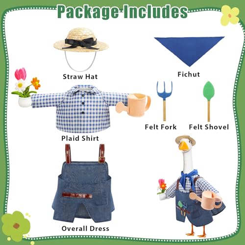 GJL Gardener Porch Goose Outfit Fits 23 Inch Cement Plastic Goose Statue, 2-Piece Porch Goose Clothes with Hat, Tools, Scarf, Watering Can & Flower Pot Design for Spring Summer Outdoor Garden Decor - Image 2