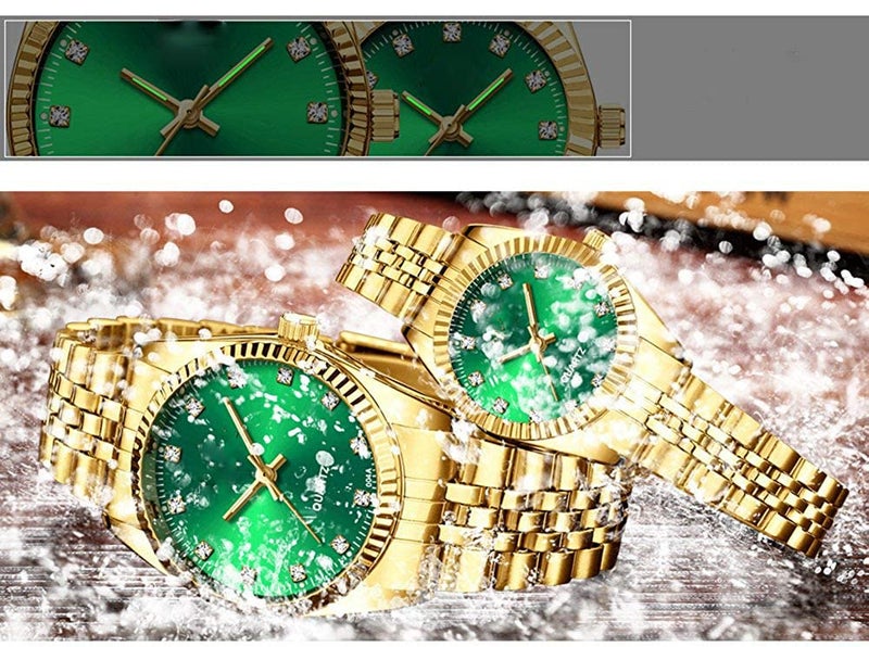SENRUD Couple Set Watches Classic Gold Silver Stainless Steel Watch His and Hers Fashion Quartz Analog Watches (Gold Green) - Image 4