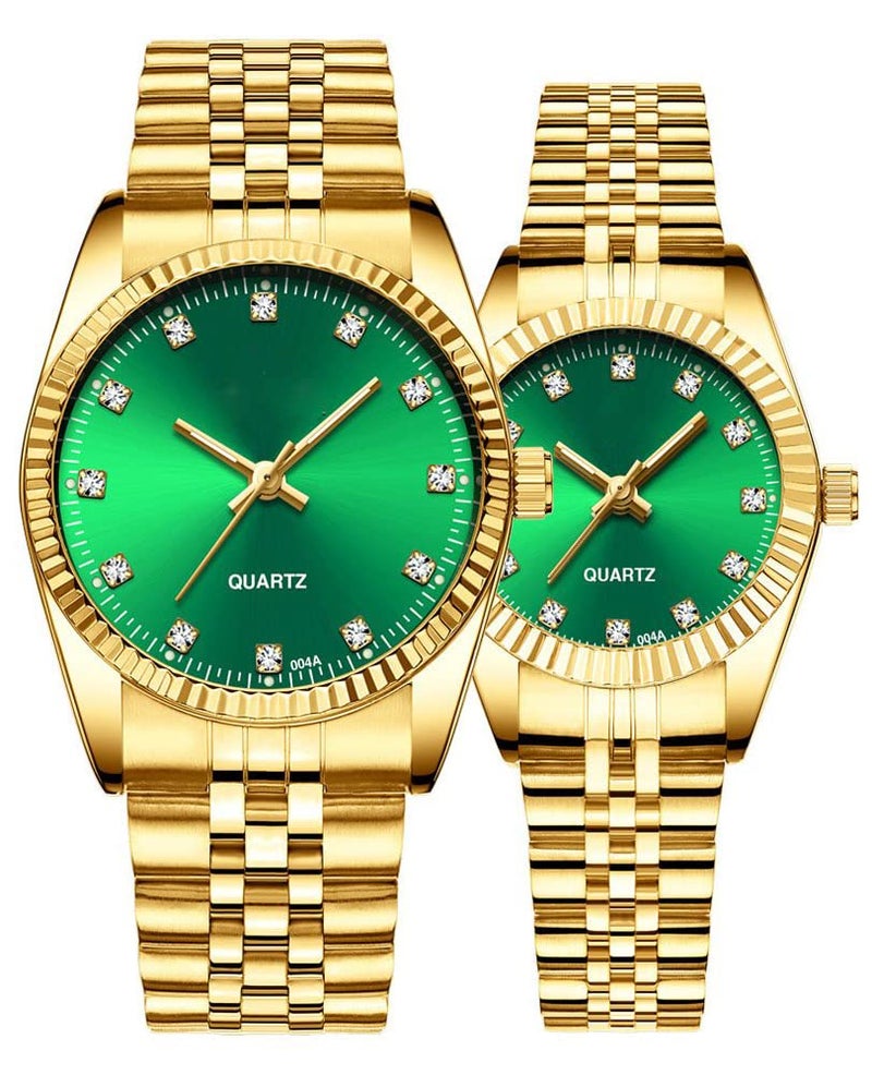 SENRUD Couple Set Watches Classic Gold Silver Stainless Steel Watch His and Hers Fashion Quartz Analog Watches (Gold Green) - Image 1