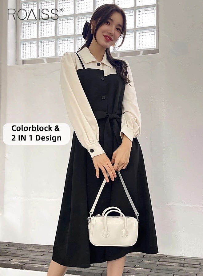 roaiss 2 in 1 Colorblock Belted Shirt Dress for Women Comfy and Breathable Waistming Temperament Long Sleeve A-Line Mid-Rise Dress Ladies Stylish Slim Fit Dress Ideal for Office Commute or Daily Wear - Image 1
