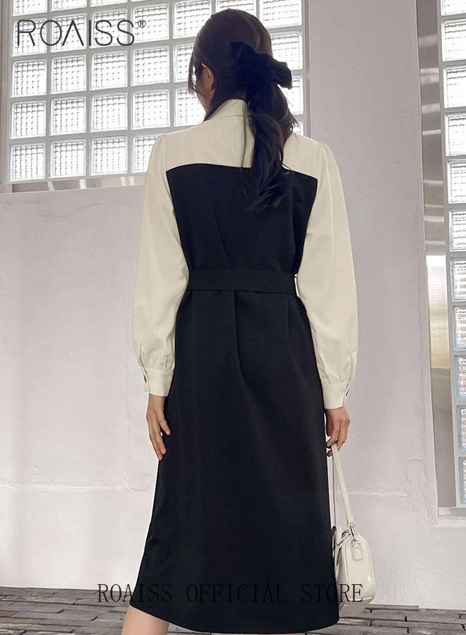 roaiss 2 in 1 Colorblock Belted Shirt Dress for Women Comfy and Breathable Waistming Temperament Long Sleeve A-Line Mid-Rise Dress Ladies Stylish Slim Fit Dress Ideal for Office Commute or Daily Wear - Image 2