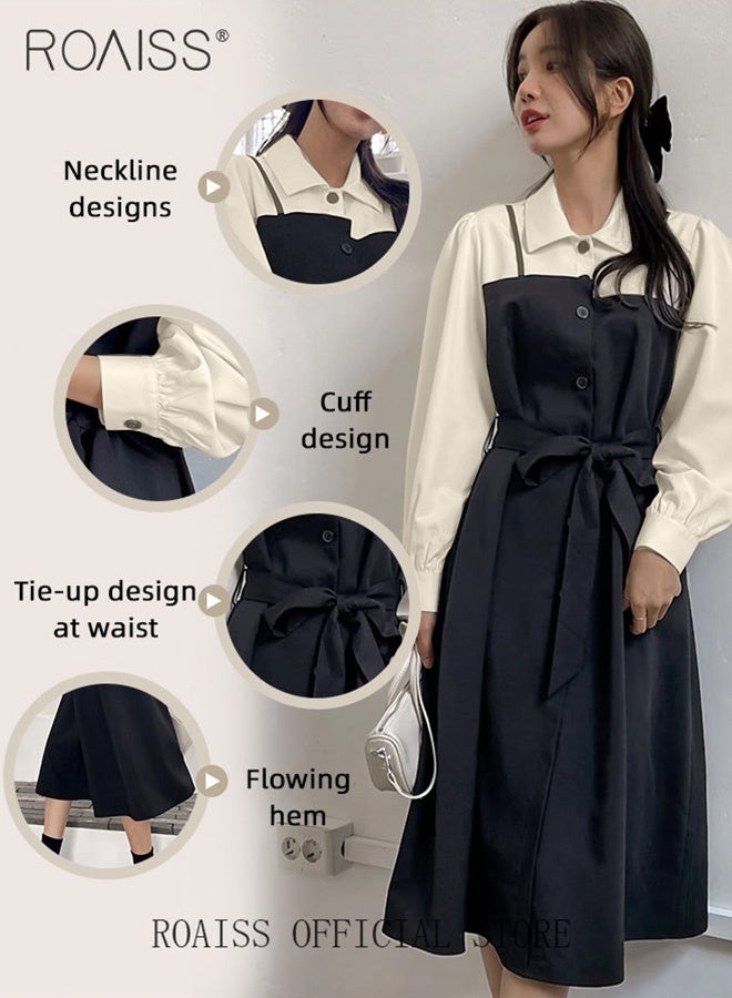 roaiss 2 in 1 Colorblock Belted Shirt Dress for Women Comfy and Breathable Waistming Temperament Long Sleeve A-Line Mid-Rise Dress Ladies Stylish Slim Fit Dress Ideal for Office Commute or Daily Wear - Image 5