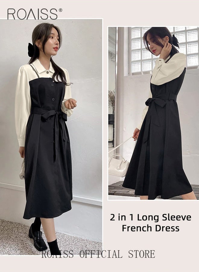 roaiss 2 in 1 Colorblock Belted Shirt Dress for Women Comfy and Breathable Waistming Temperament Long Sleeve A-Line Mid-Rise Dress Ladies Stylish Slim Fit Dress Ideal for Office Commute or Daily Wear - Image 3