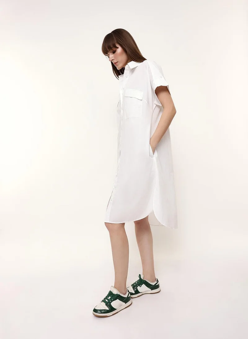 Off White 100% Cotton Solid Print Maxi Shift Regular Fit Dress For Women