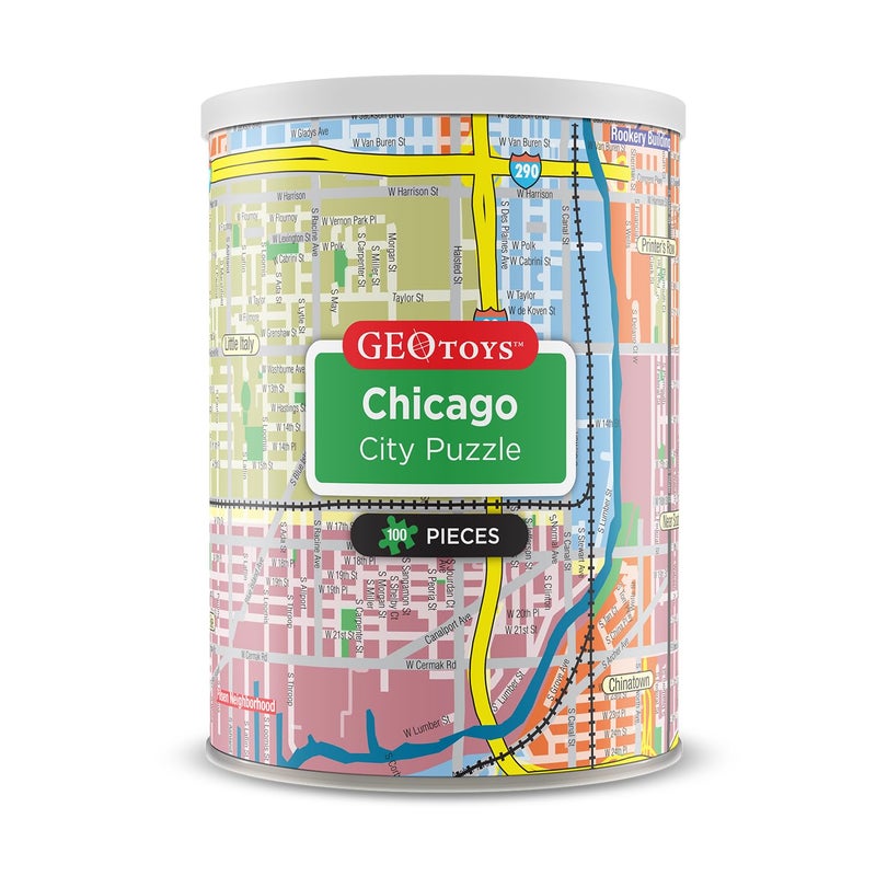 Geotoys Chicago Mini City Puzzle 100 Piece Puzzles for Kids and Adults in Portable Can 13 x 10 Educational Travel Puzzle for Ages 7 and Up Mini Puzzles to Learn Explore Geography - Image 3