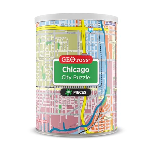Geotoys Chicago Mini City Puzzle 100 Piece Puzzles for Kids and Adults in Portable Can 13 x 10 Educational Travel Puzzle for Ages 7 and Up Mini Puzzles to Learn Explore Geography - Image 1