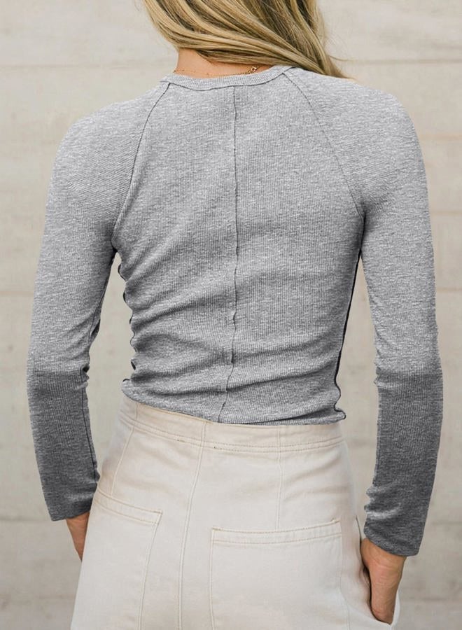 Sidefeel Long Sleeve Shirts for Women 2025 Fall Outfits Crewneck Ribbed Knit Slim Fitted Going Out Tops Casual Basic Tees, Gray, M - Image 2