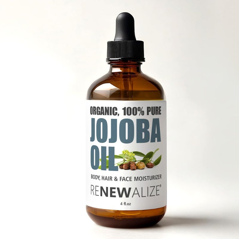 Renewalize ORGANIC JOJOBA OIL - Cold Pressed, Unrefined in 4 oz Dark Glass Bottle with Dropper | An essential daily or night time moisturizer for face, skin, nails, lips, beard & hair - Image 1