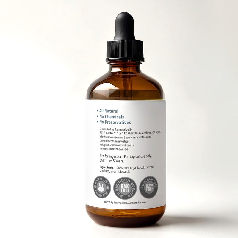 Renewalize ORGANIC JOJOBA OIL - Cold Pressed, Unrefined in 4 oz Dark Glass Bottle with Dropper | An essential daily or night time moisturizer for face, skin, nails, lips, beard & hair - Image 3
