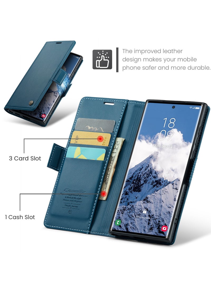 CaseMe Phone Case Luxury PU Leather Design Anti Fingerprint 023 Flip Cover Card Slot Holder Cover For Samsung Galaxy S25 Ultra (Blue) - Image 4