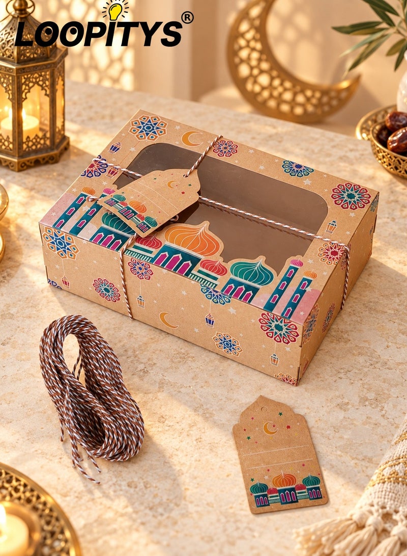 LOOPITYS 8Pcs Ramadan Eid Gift Boxes, 4 Assorted Styles 22×15×7cm Cookie Candy Chocolate Packaging Boxes with Clear Window, Ropes & Hang Tags for Party Favors - Image 1
