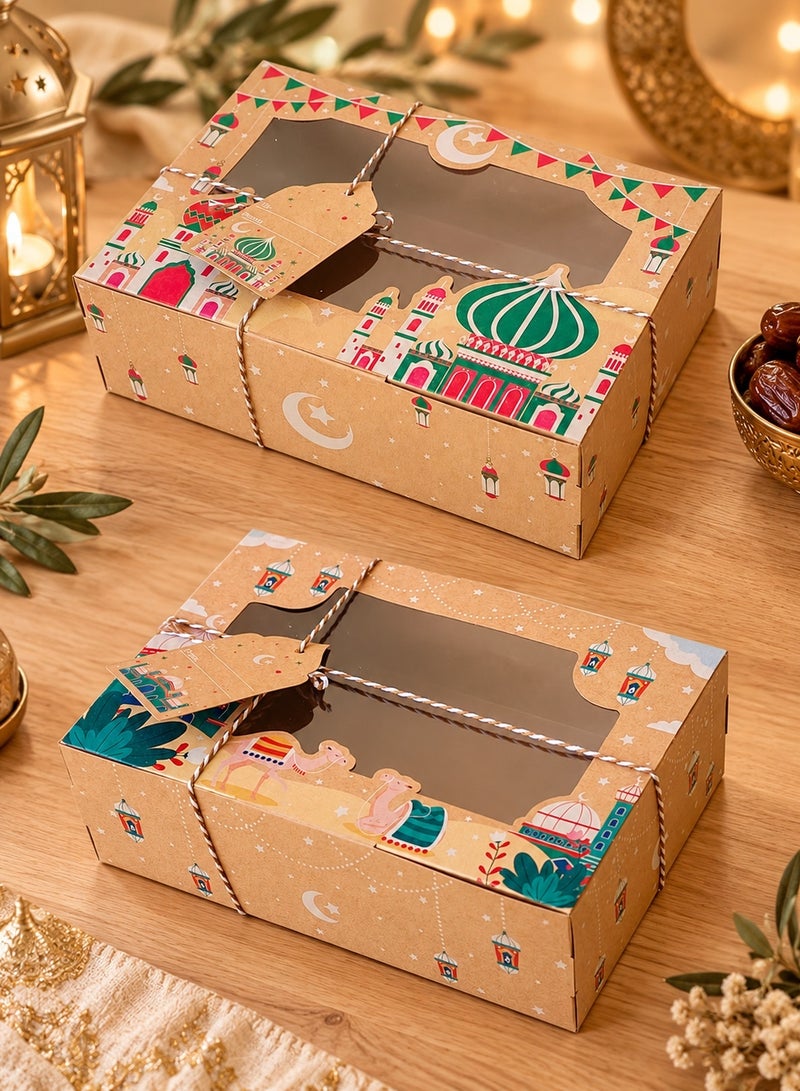 LOOPITYS 8Pcs Ramadan Eid Gift Boxes, 4 Assorted Styles 22×15×7cm Cookie Candy Chocolate Packaging Boxes with Clear Window, Ropes & Hang Tags for Party Favors - Image 5