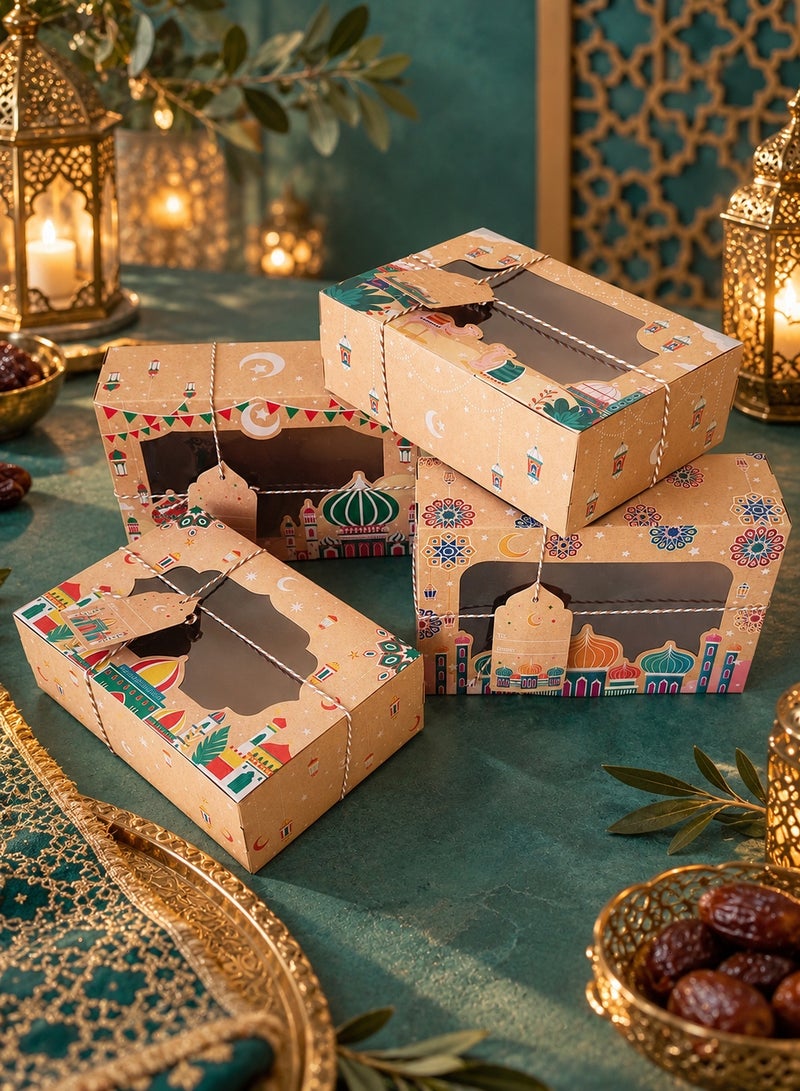 LOOPITYS 8Pcs Ramadan Eid Gift Boxes, 4 Assorted Styles 22×15×7cm Cookie Candy Chocolate Packaging Boxes with Clear Window, Ropes & Hang Tags for Party Favors - Image 3