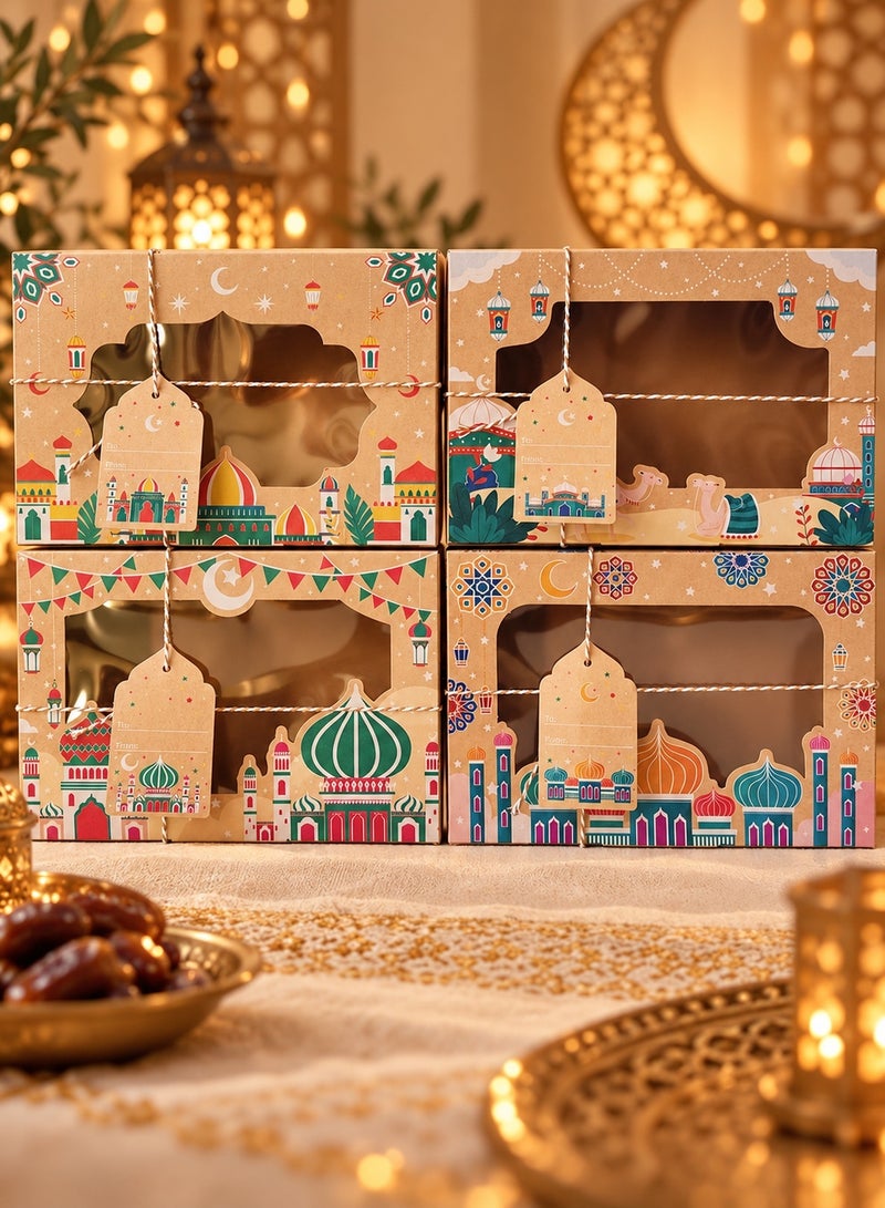 LOOPITYS 8Pcs Ramadan Eid Gift Boxes, 4 Assorted Styles 22×15×7cm Cookie Candy Chocolate Packaging Boxes with Clear Window, Ropes & Hang Tags for Party Favors - Image 2