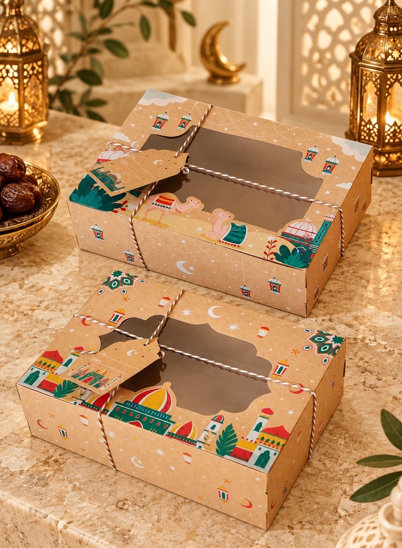 LOOPITYS 8Pcs Ramadan Eid Gift Boxes, 4 Assorted Styles 22×15×7cm Cookie Candy Chocolate Packaging Boxes with Clear Window, Ropes & Hang Tags for Party Favors - Image 4