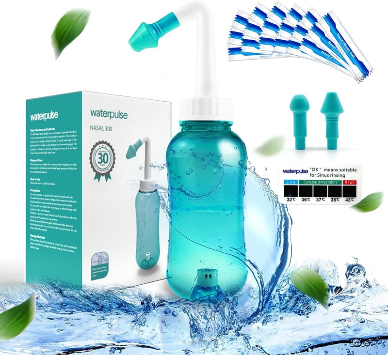 Waterpulse Neti Pot Sinus Rinse Bottle 300ml with 30 Nasal Wash Salt Packets and Thermometer - BPA Free - Image 1