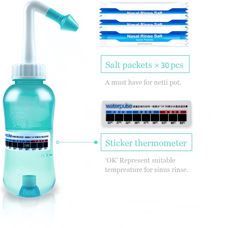 Waterpulse Neti Pot Sinus Rinse Bottle 300ml with 30 Nasal Wash Salt Packets and Thermometer - BPA Free - Image 3