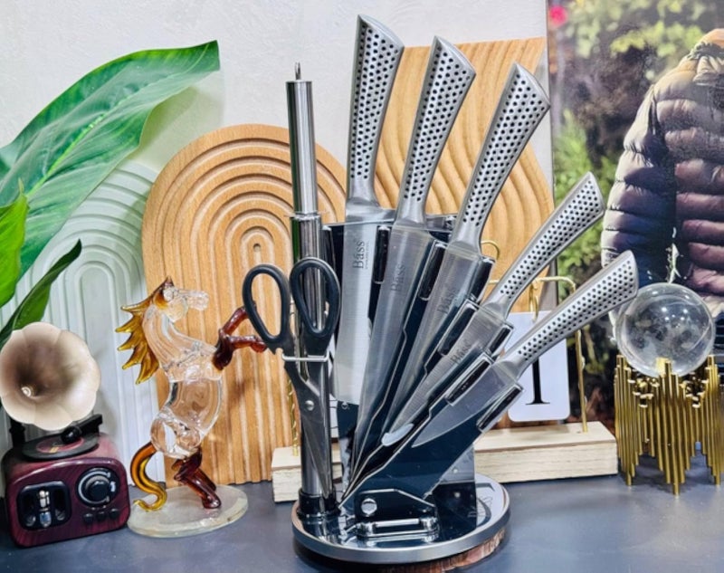 Professional Knife Set with Rotating Stand, 6 Pieces, Stainless Steel Kitchen Knives with Scissors (silver)