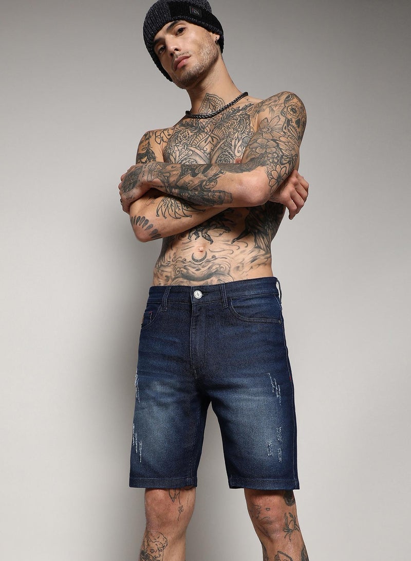 Campus Sutra Men's Navy Blue Minimal Distressed Denim Shorts  - Image 1