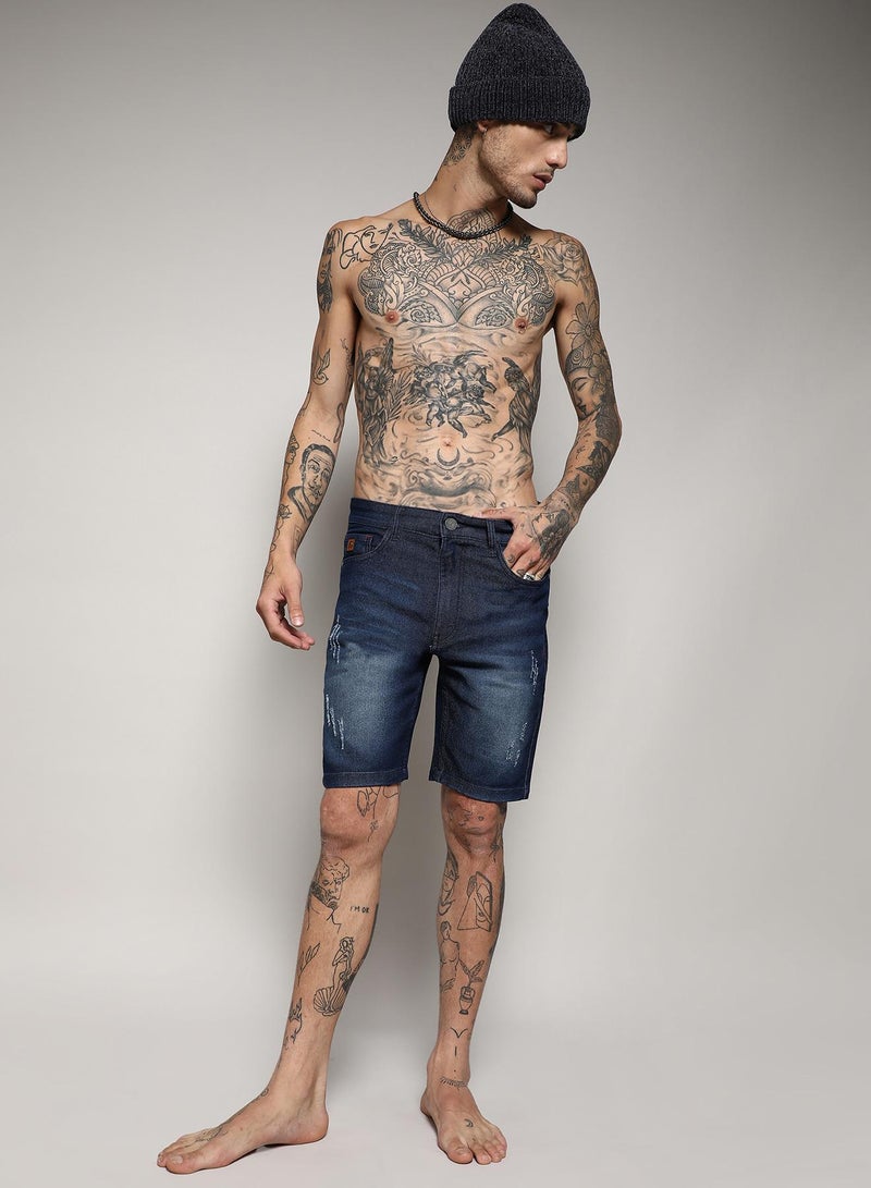 Campus Sutra Men's Navy Blue Minimal Distressed Denim Shorts  - Image 2