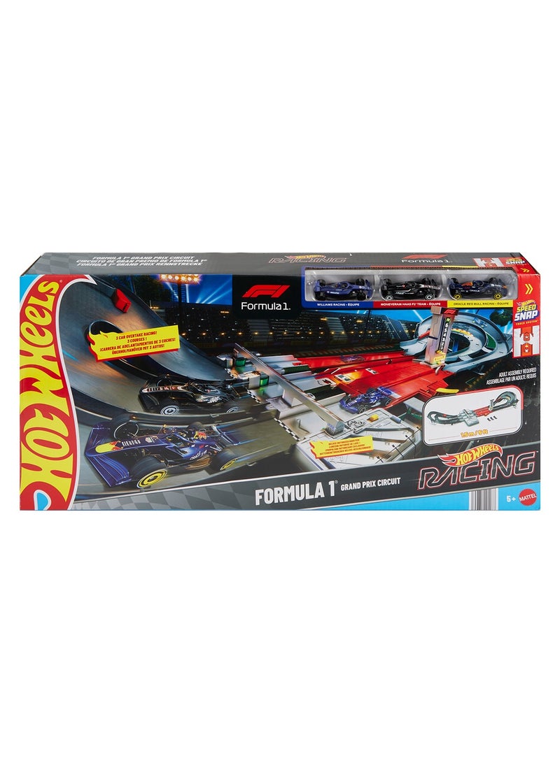 Hot Wheels Toy Car Track Set, Formula 1® Grand Prix Circuit Track Set with 3 1:64 Scale Die-Cast Toy Cars, Two Modes of Racing with a Motorized Booster - Image 2