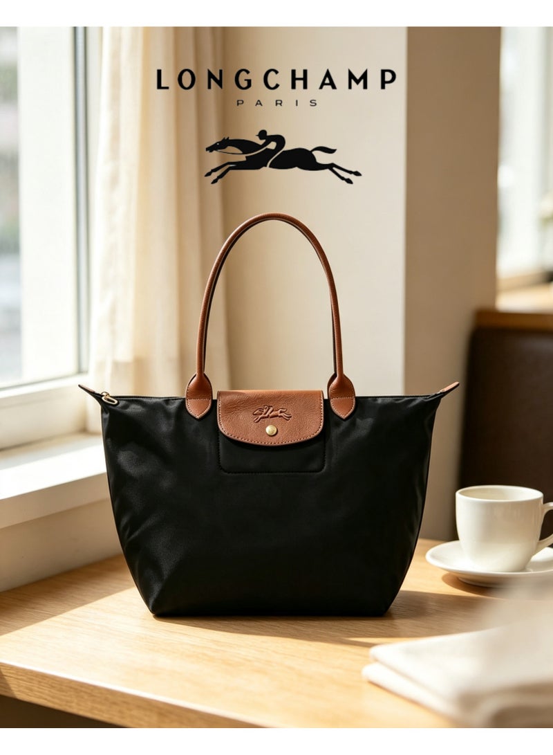 Longchamp Medium Capacity Nylon Storage Carry Bag with Leather Trim, Zipper Multi-purpose Tote for Sports Gear Outdoor Play Toys Storage, Black - Image 1