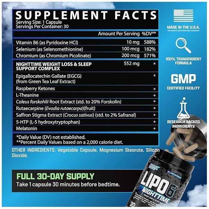 Nutrex Research نوتريكس ليبو 6 حارق الدهون الليلي مساعد النوم الميلاتونين حبوب فقدان الوزن للرجال والنساء معزز الأيض الليلي مثبط الشهية 30 حصة 1 - Image 2