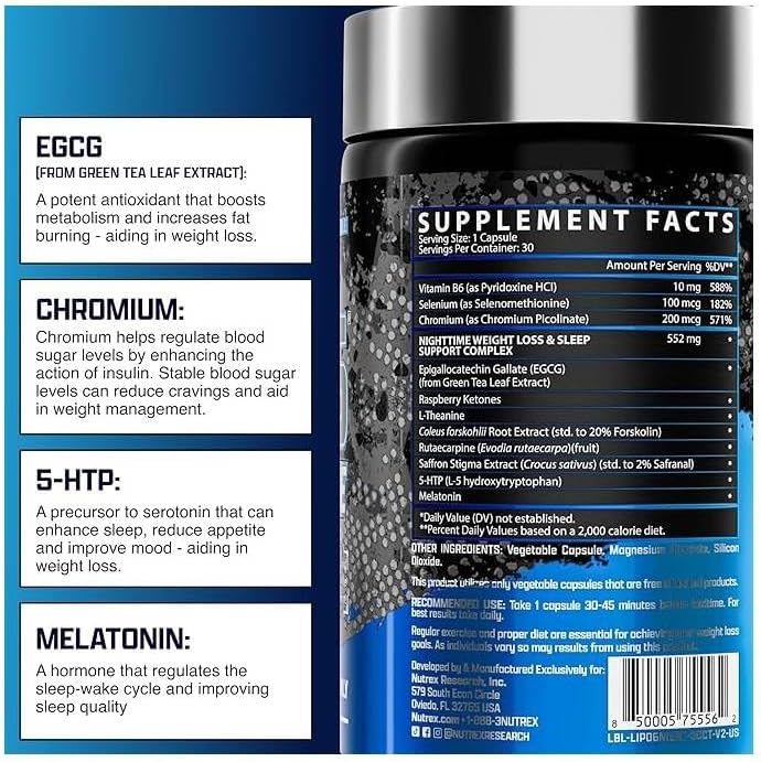 Nutrex Research نوتريكس ليبو 6 حارق الدهون الليلي مساعد النوم الميلاتونين حبوب فقدان الوزن للرجال والنساء معزز الأيض الليلي مثبط الشهية 30 حصة 1 - Image 3