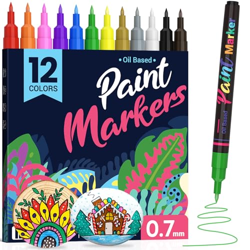DAPAWIN Permanent Oil Based Paint Markers: Fine Point Oil Paint Pen, 12 Colors Fine Tip Waterproof Marker Pen for Rock Painting, Mark Metal, Engineer Detail Work, Wood Craft, Christmas Gift, Porcelain - Image 1