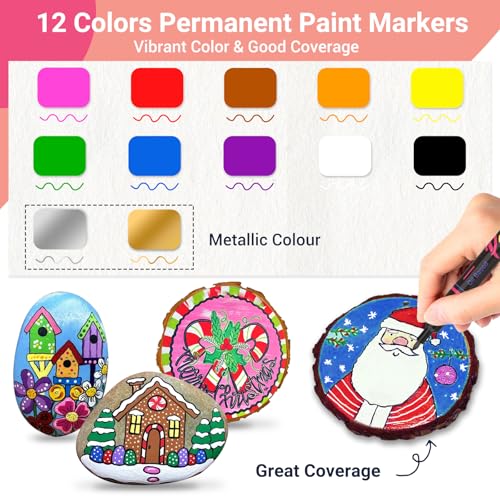 DAPAWIN Permanent Oil Based Paint Markers: Fine Point Oil Paint Pen, 12 Colors Fine Tip Waterproof Marker Pen for Rock Painting, Mark Metal, Engineer Detail Work, Wood Craft, Christmas Gift, Porcelain - Image 3