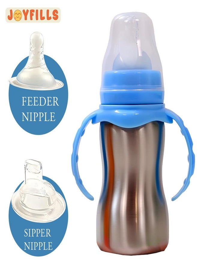 JOYFILLS 2 in 1 Baby Feeding Bottle in Stainless-Steel | Sipper cum Feeding Bottle | Silicone Nipple & Spout with Trainer Handle | Stainless Steel SUS 304 | BPA-Free, Food-Safe, Leak-Proof & Easy to Clean (Blue-290ml) - Image 3