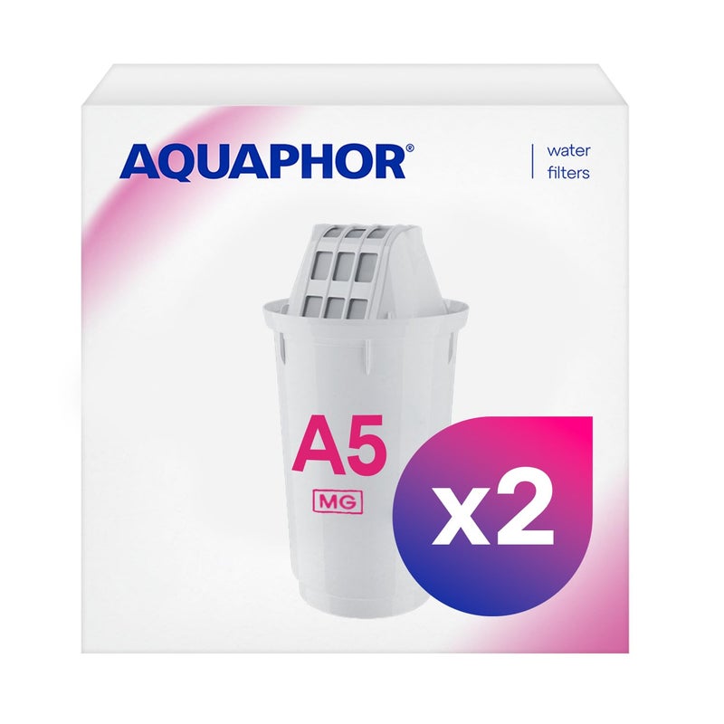 خرطوشة فلتر AQUAPHOR A5 عبوة 2 مع فلاتر المغنيسيوم لإزالة الترسبات الكلسية والكلور والمعادن الثقيلة 350 لتر من الماء النقي بتقنية AQUALEN لطعم أفضل للطعام والشراب بديل لجرار فلتر A5